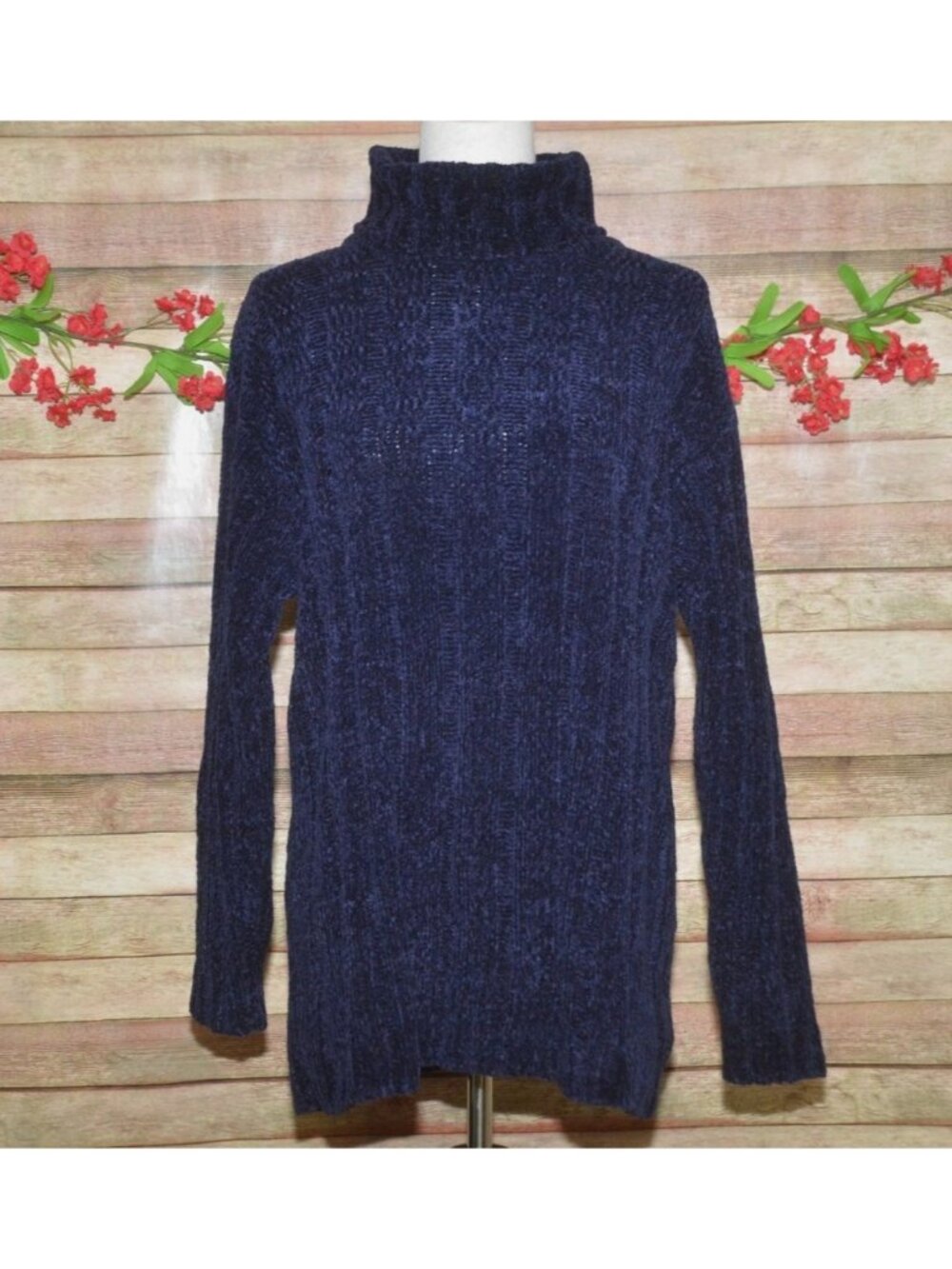 White Stag Womens L Navy Blue Chenille Turtleneck Sweater Pullover Cozy Soft